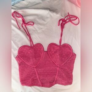 Women’s Pink Heart Bust Crop Top - Cute Tie-Strap Knit